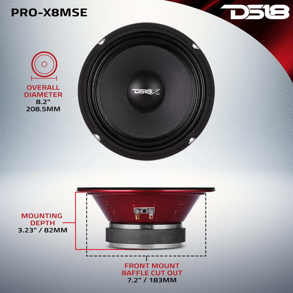 DS18 PRO-X8MSE red steel basket with rugged build and precise sound projection