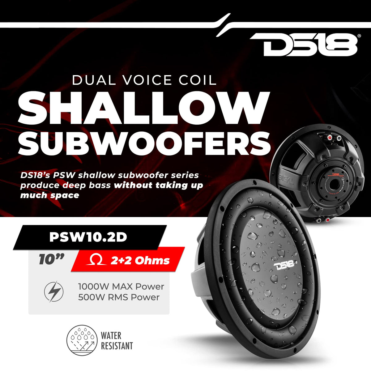 DS18 PSW10-2D dual voice coil 2-ohm for flexible bass wiring.