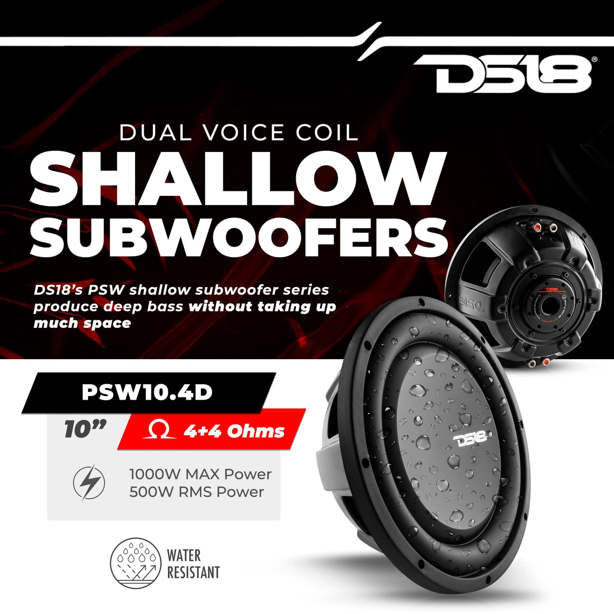 DS18 PSW10.4D dual voice coil highlighting wiring flexibility for bass control