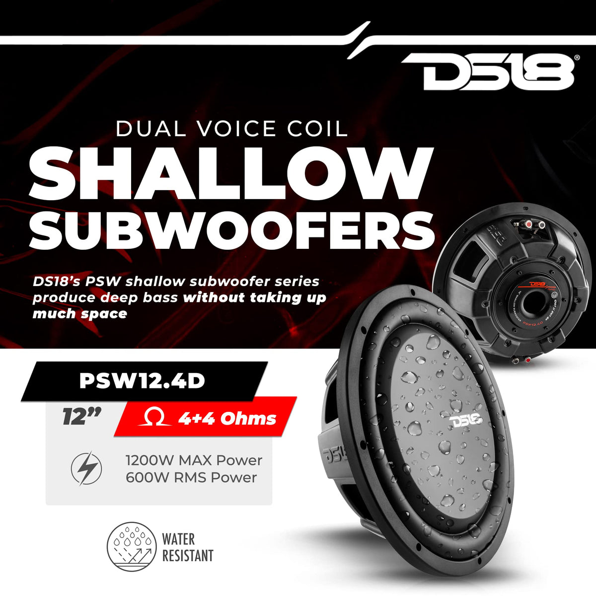 DS18 PSW12.4D dual voice coils enable flexible wiring for power handling.