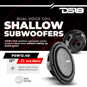DS18 PSW12.4D dual voice coils enable flexible wiring for power handling.