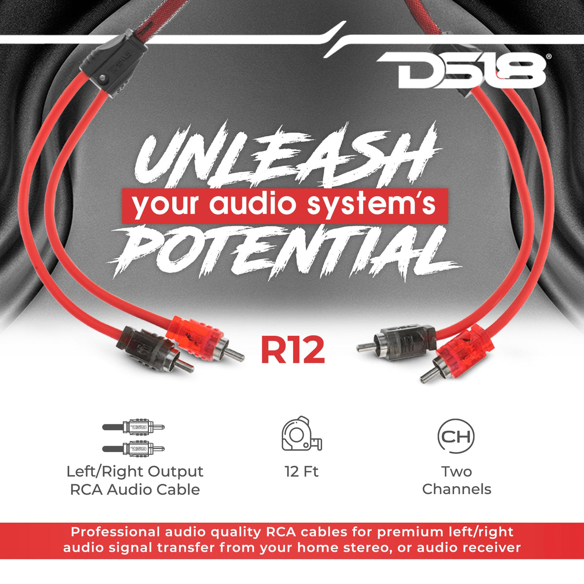 DS18 R12 Ultra Flex RCA cable side view highlighting dual male connectors for flexible setups
