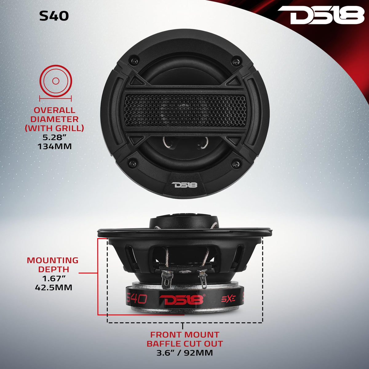 DS18 S40 installed in car door illustrating shallow depth and fit