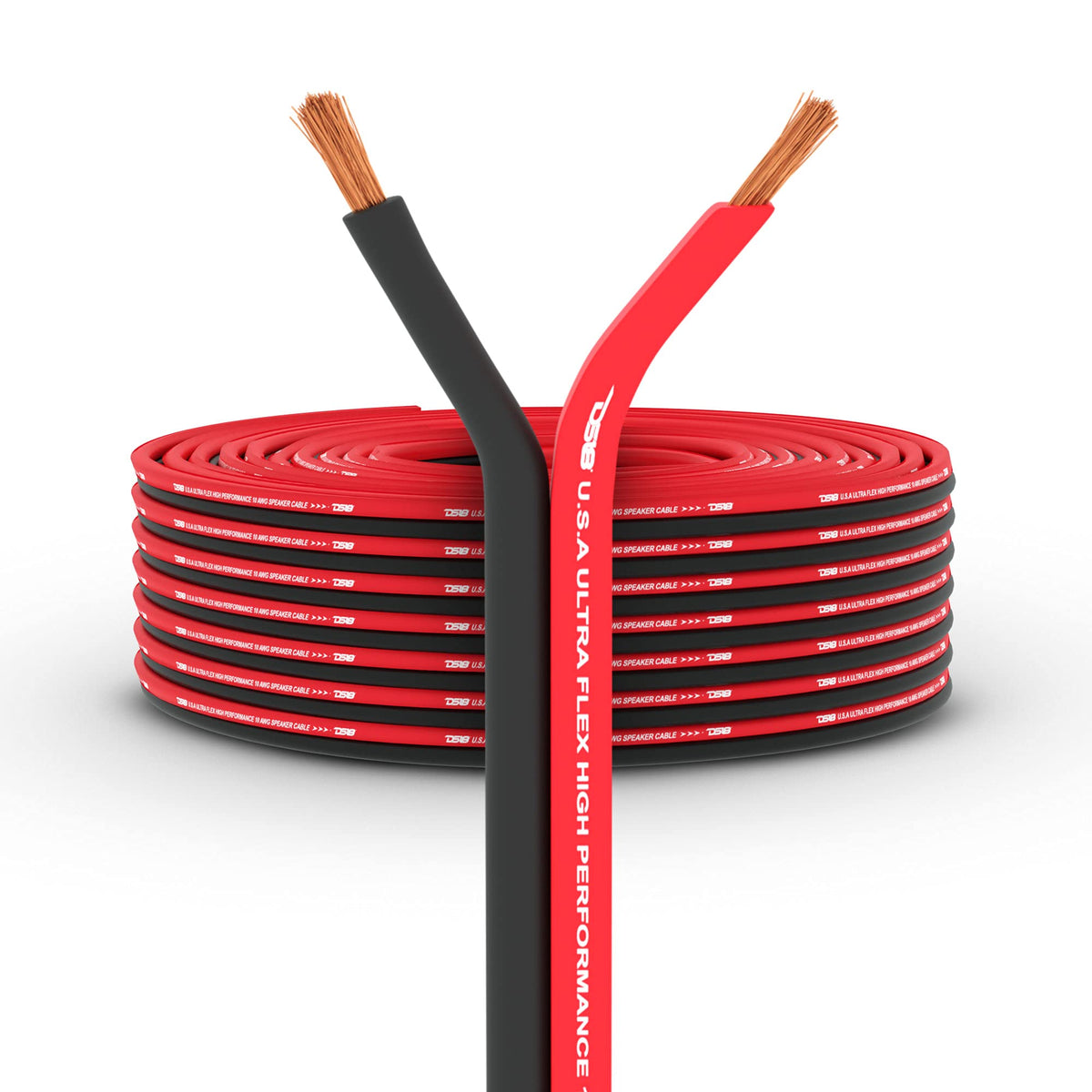 DS18 SW-12GA-100RB spool view showing long, durable speaker wire for easy install