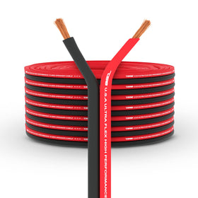 DS18 front packaging showing the 100ft red and black speaker wire, easy identification and purchase