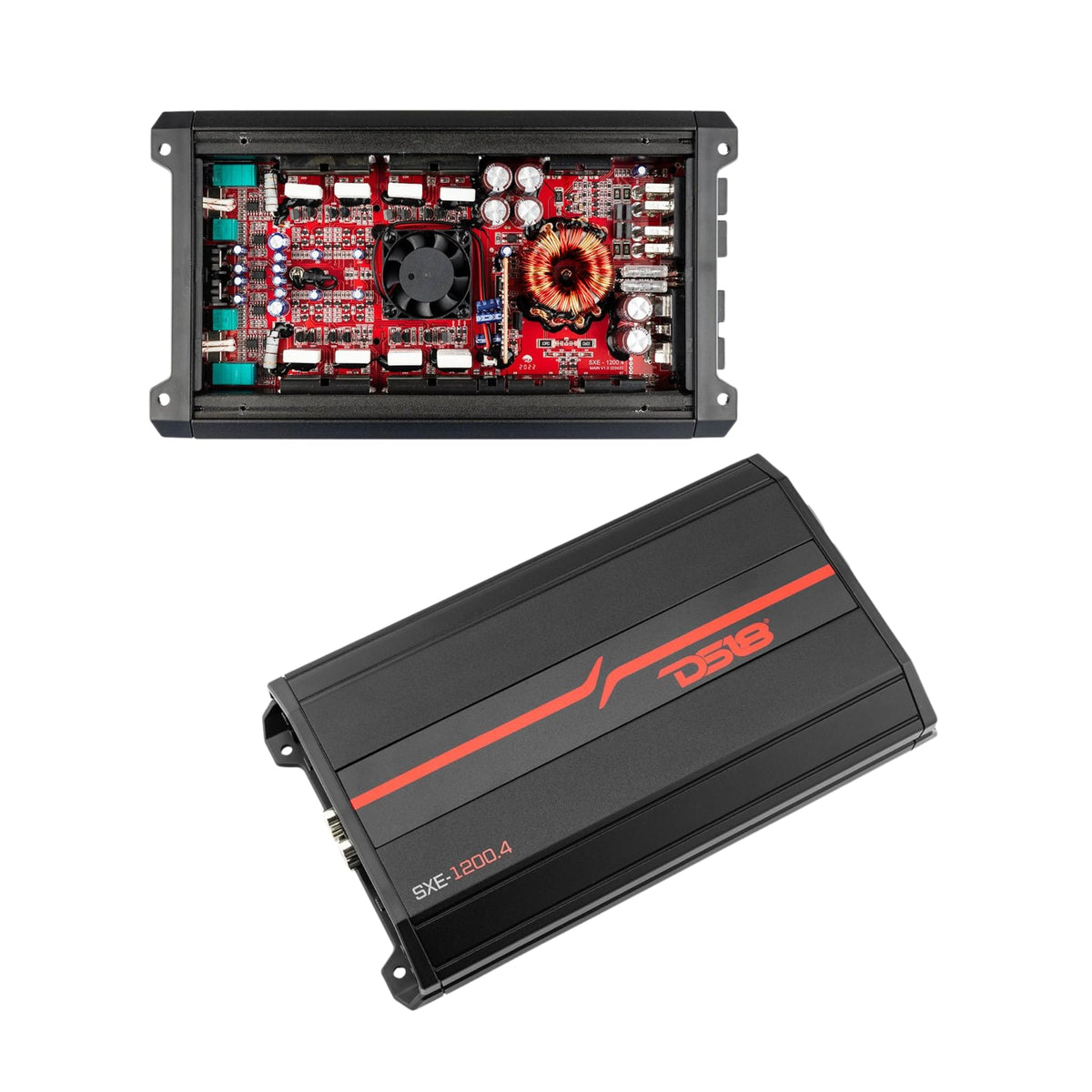 DS18 SXE-1200.4 BK front view for compact power now boosting car speakers