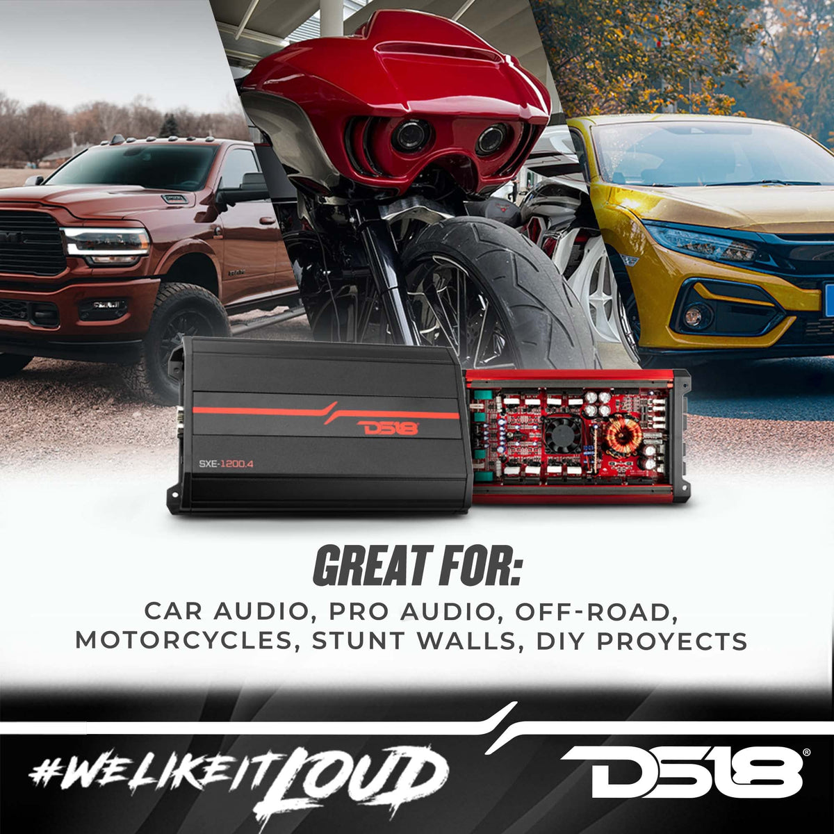 DS18 SXE-1200-4 RD bridged output supports strong, clean speaker pairing