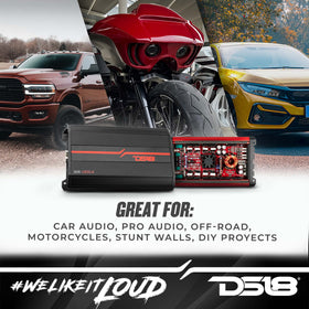 DS18 SXE-1200-4 RD bridged output supports strong, clean speaker pairing