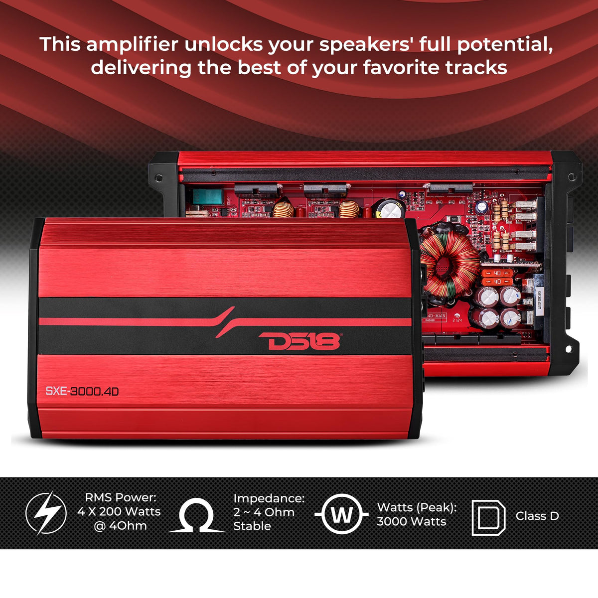 DS18 SXE-3000.4D/BK bridged power output indicating high performance options.