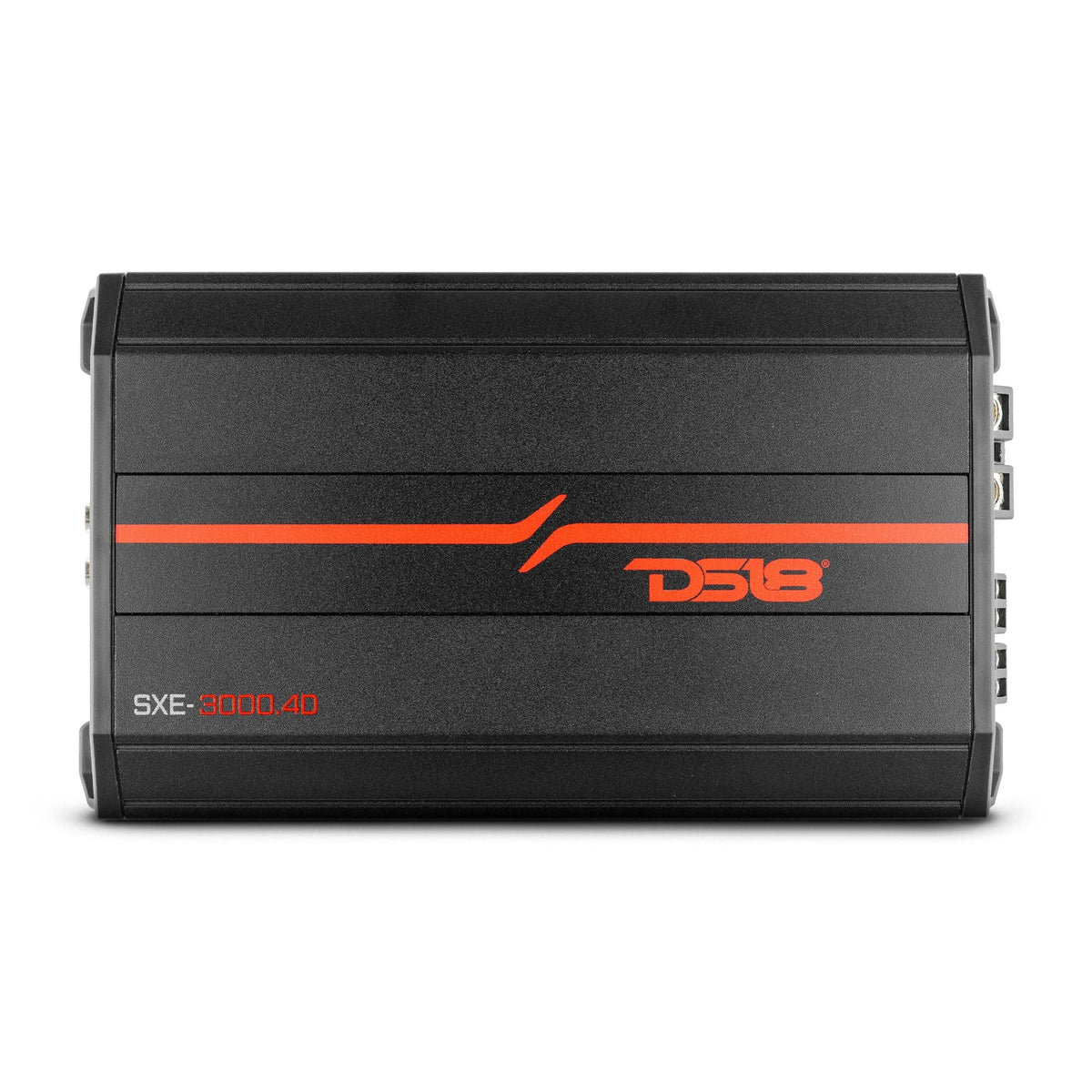 DS18 SXE-3000.4D/BK front view for compact car amp with clean output.