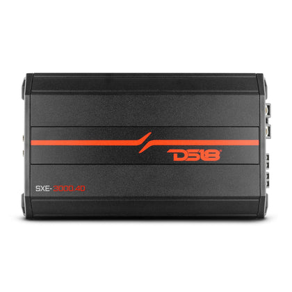 DS18 SXE-3000.4D/BK front view for compact car amp with clean output.