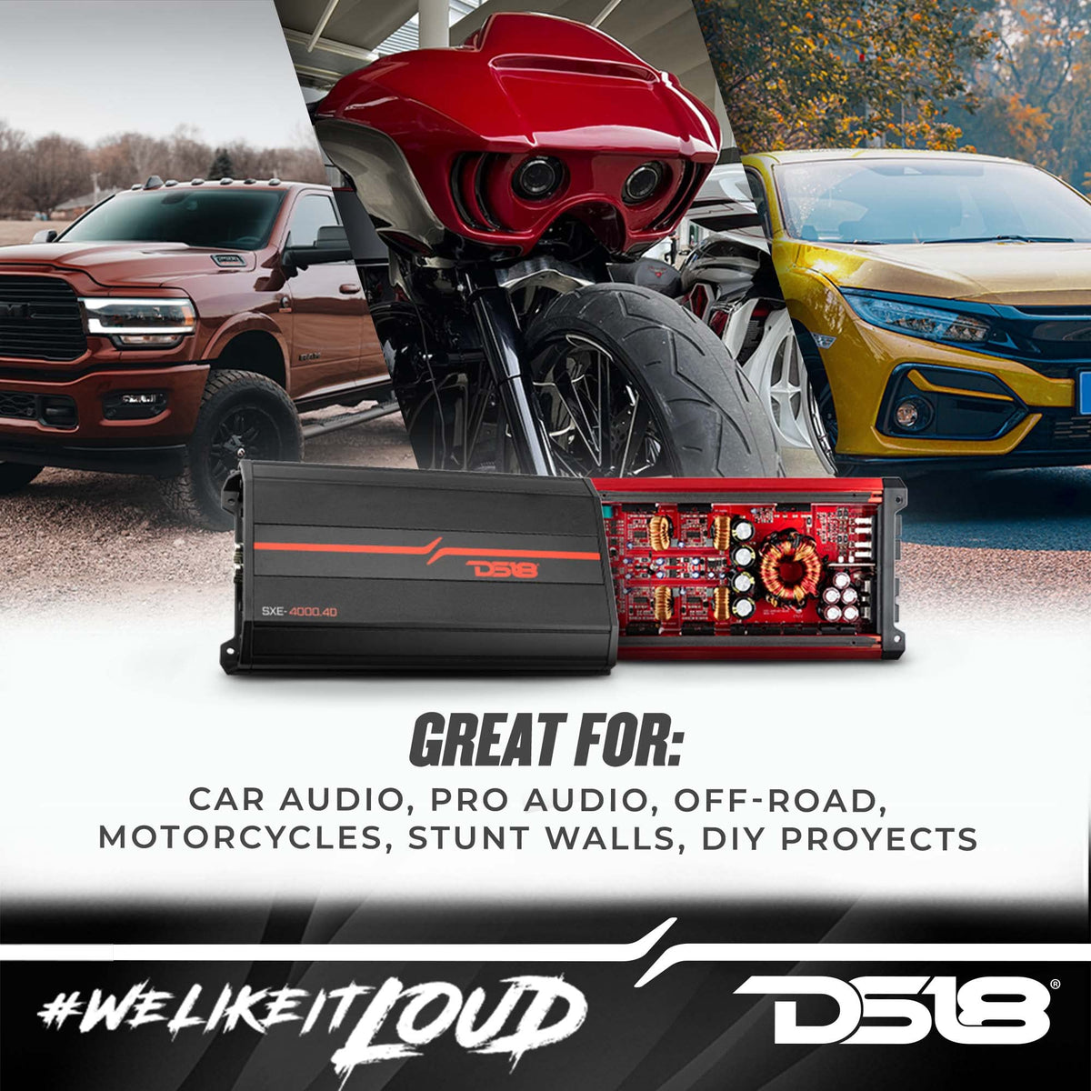 DS18 SXE-4000.4D/BK four-channel output for front and rear setups.