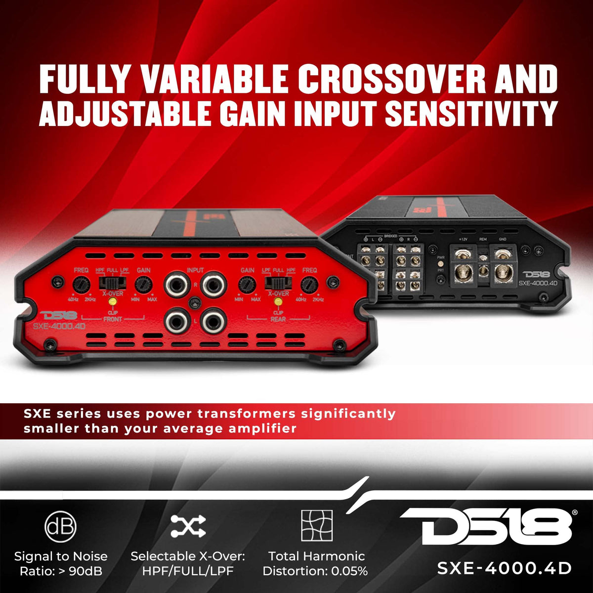 DS18 SXE-4000.4D/BK bridged power output demonstrates strong bass for builds.