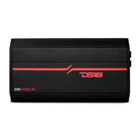 DS18 SXE-4000.4D/BK front panel shows compact Class D design for tight installs.