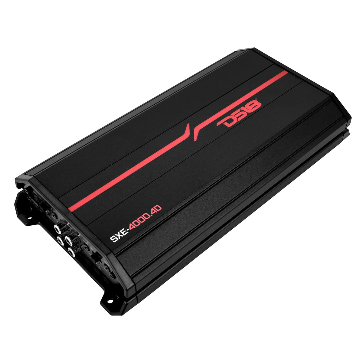 DS18 SXE-4000.4D/BK installation-ready fits under seats or dash.