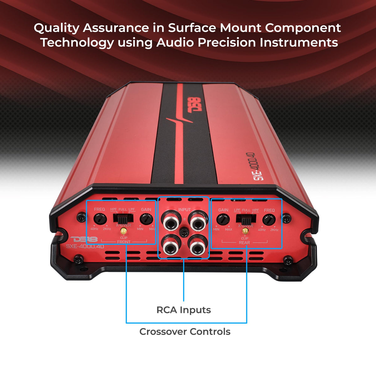 DS18 SXE-4000.4D heat sink as part of durable automotive electronics setup.