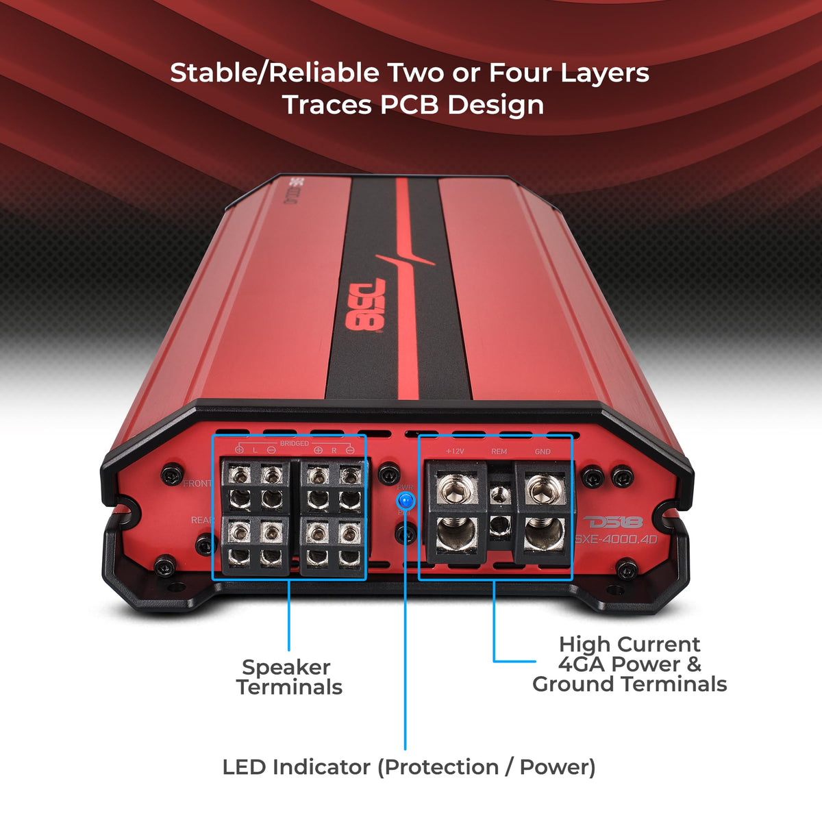 DS18 SXE-4000.4D installed in a trunk for efficient cooling and airflow.