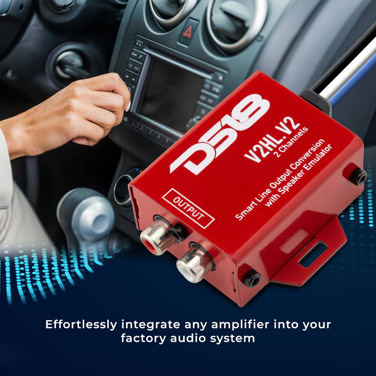 DS18 V2HL.V2 2-channel RCA output demonstrates signal routing to aftermarket amps