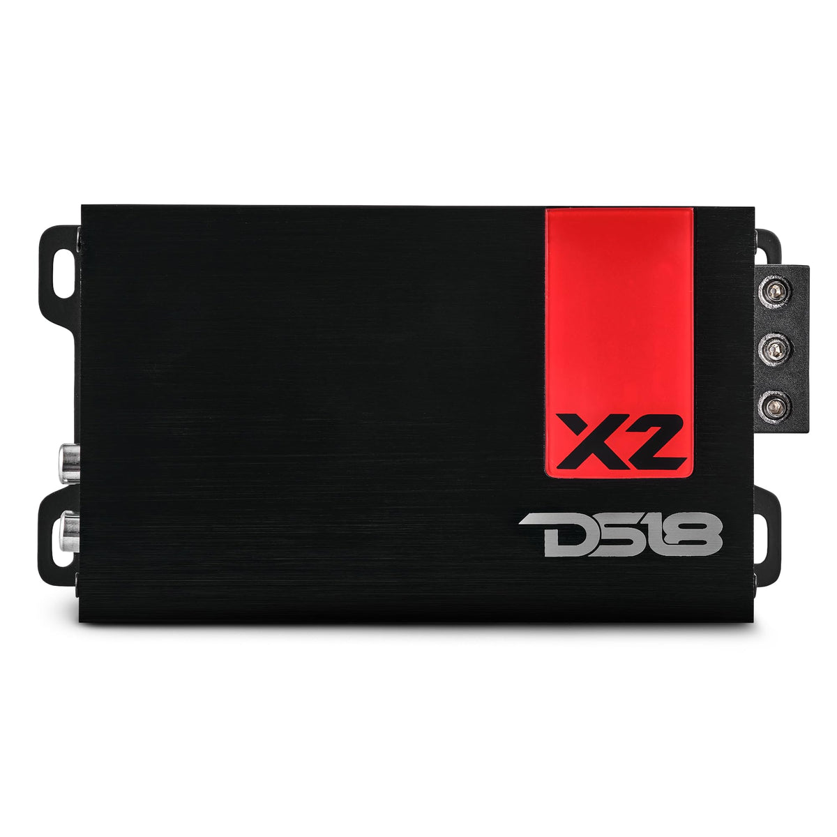 DS18 X2 amplifier front view highlighting compact power for motorcycles.