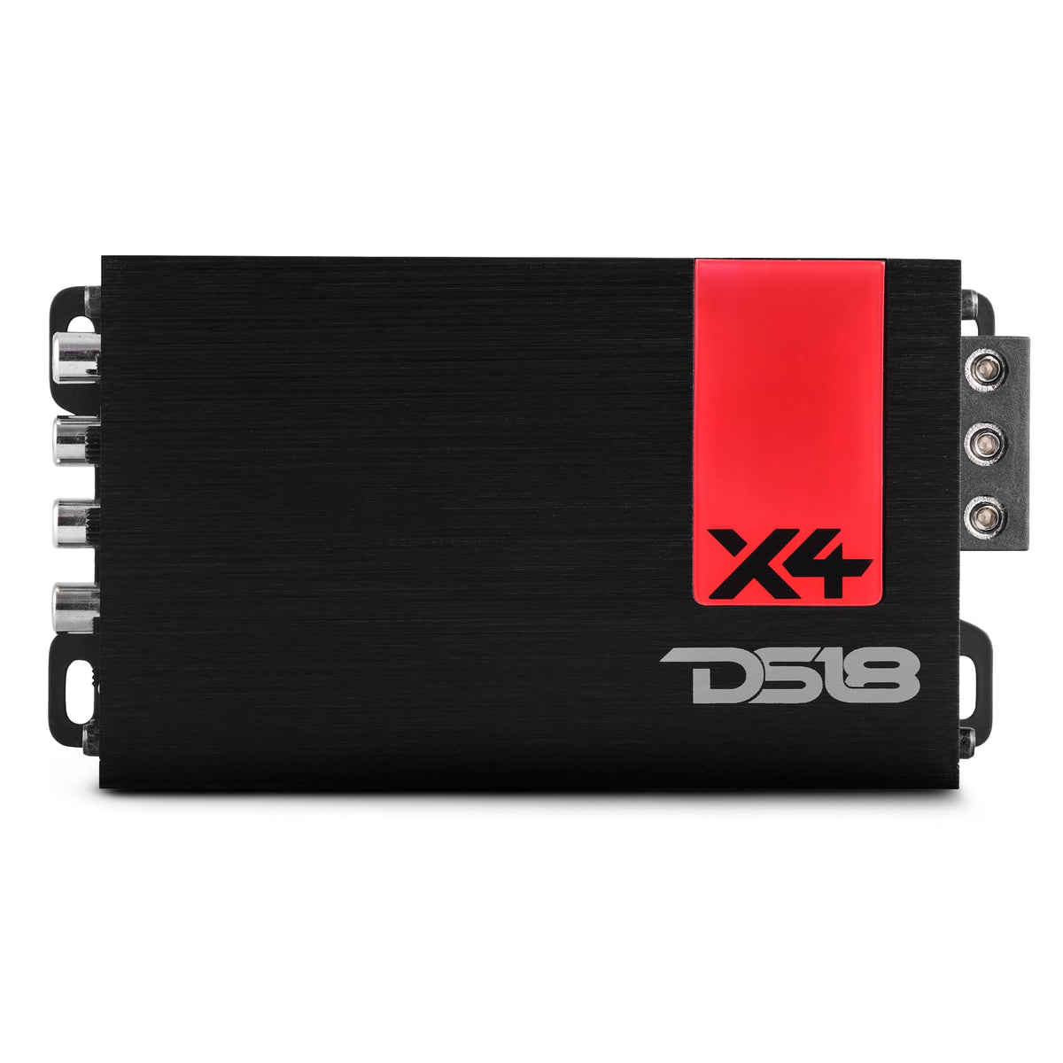 DS18 X4 amplifier front view showing compact power for tight installations.