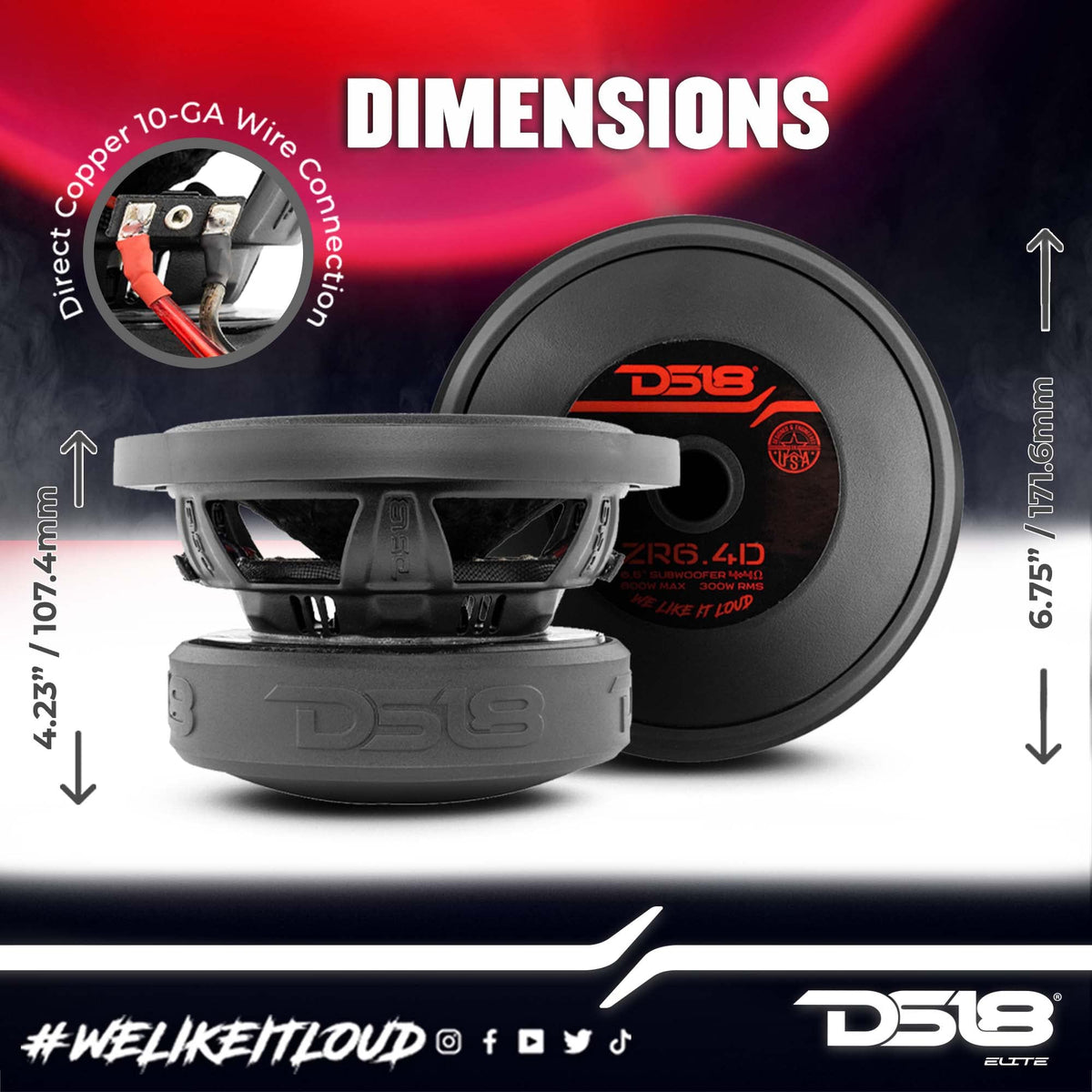 DS18 ZR6.4D Elite-Z dual voice coil 4-ohm configuration for flexible pairing.