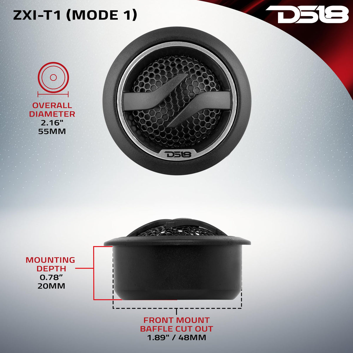 DS18 ZXI-T1 neodymium magnet and spec label highlighting powerful motor advantage