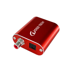 DSD TECH SH-AU02A USB to TOSLINK adapter close-up showing optical output for PCM audio.