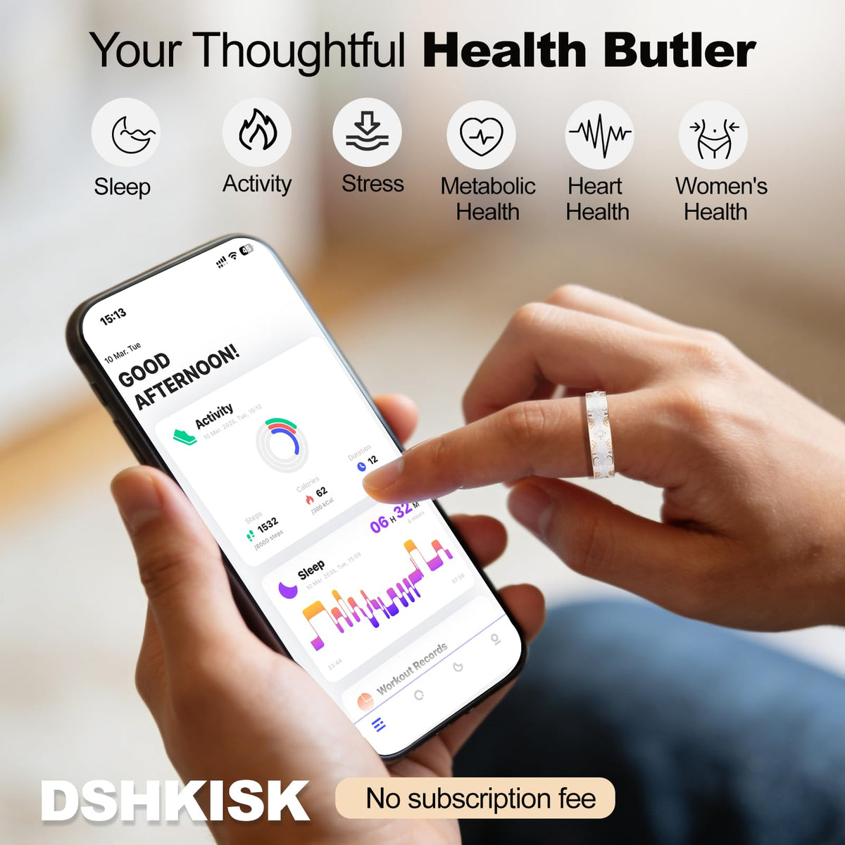 DSHKISK app dashboard on smartphone displaying heart rate and sleep trends