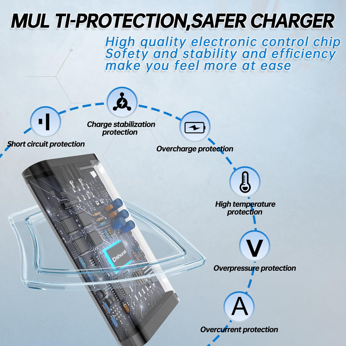 Dshunk safety features protect against overcharge and short circuits