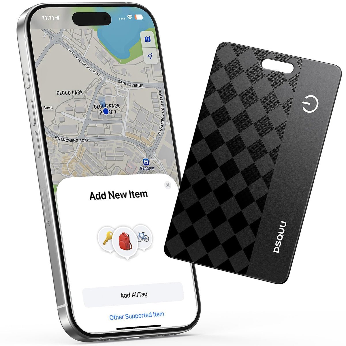Dsquu Wallet Tracker Card connected to Apple Find My for iOS use.