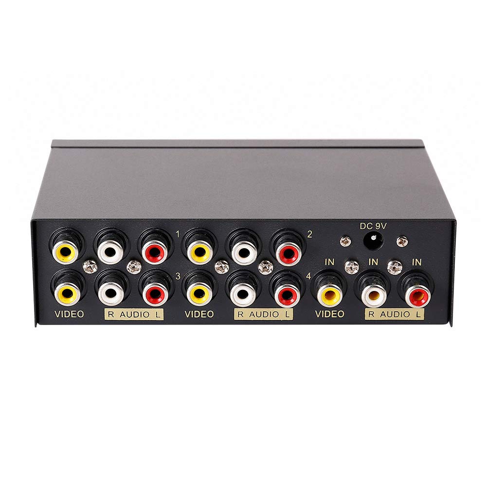 DTECH 4-way RCA splitter front view for multi-room AV distribution.