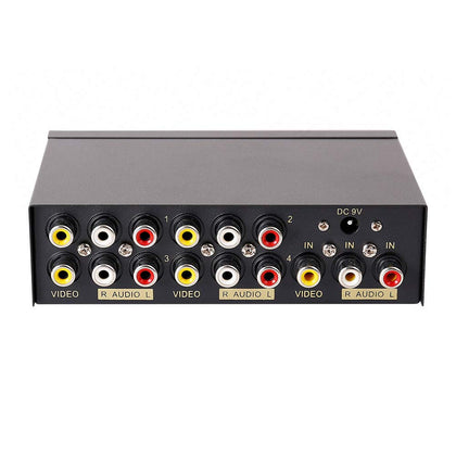 DTECH 4-way RCA splitter front view for multi-room AV distribution.