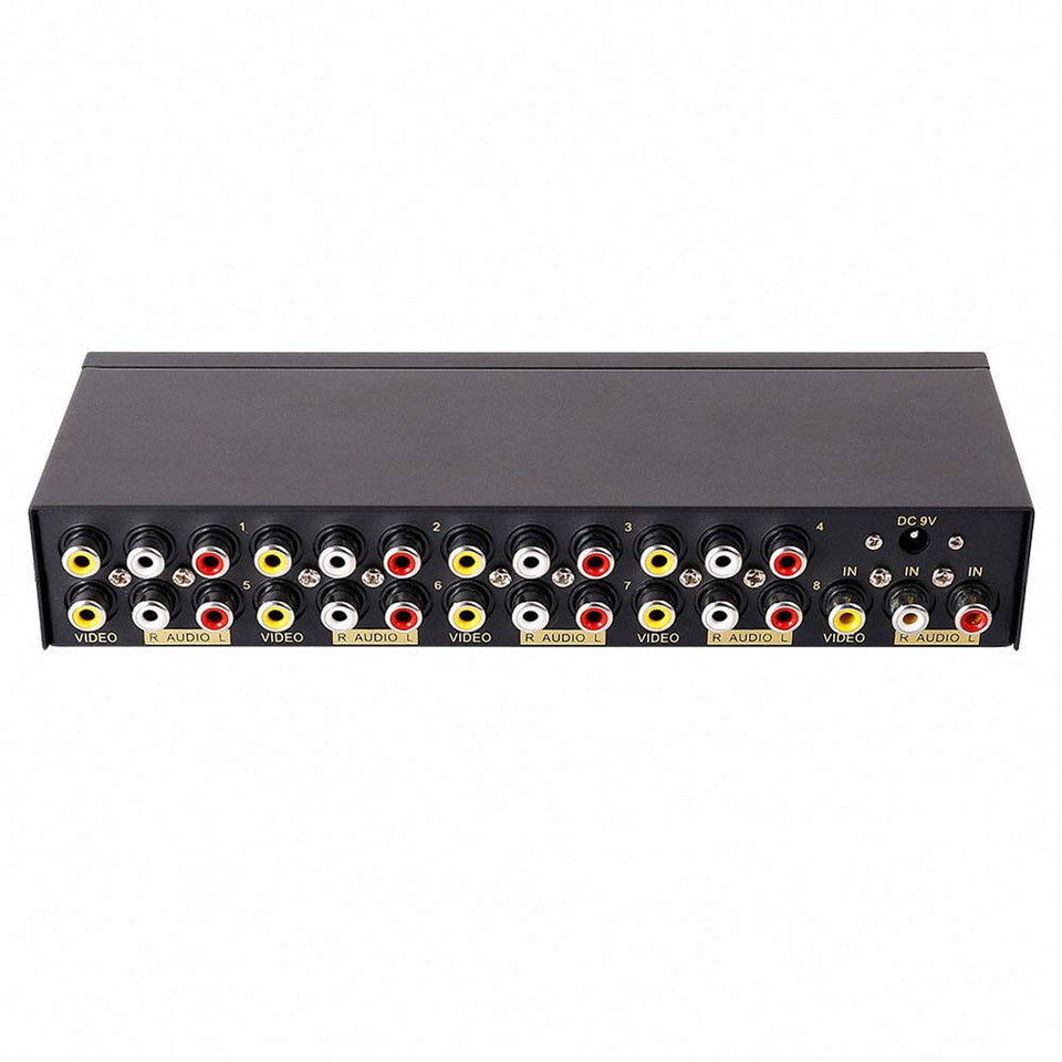 DTECH 8-way RCA splitter front view enabling multi-screen viewing with clean signal