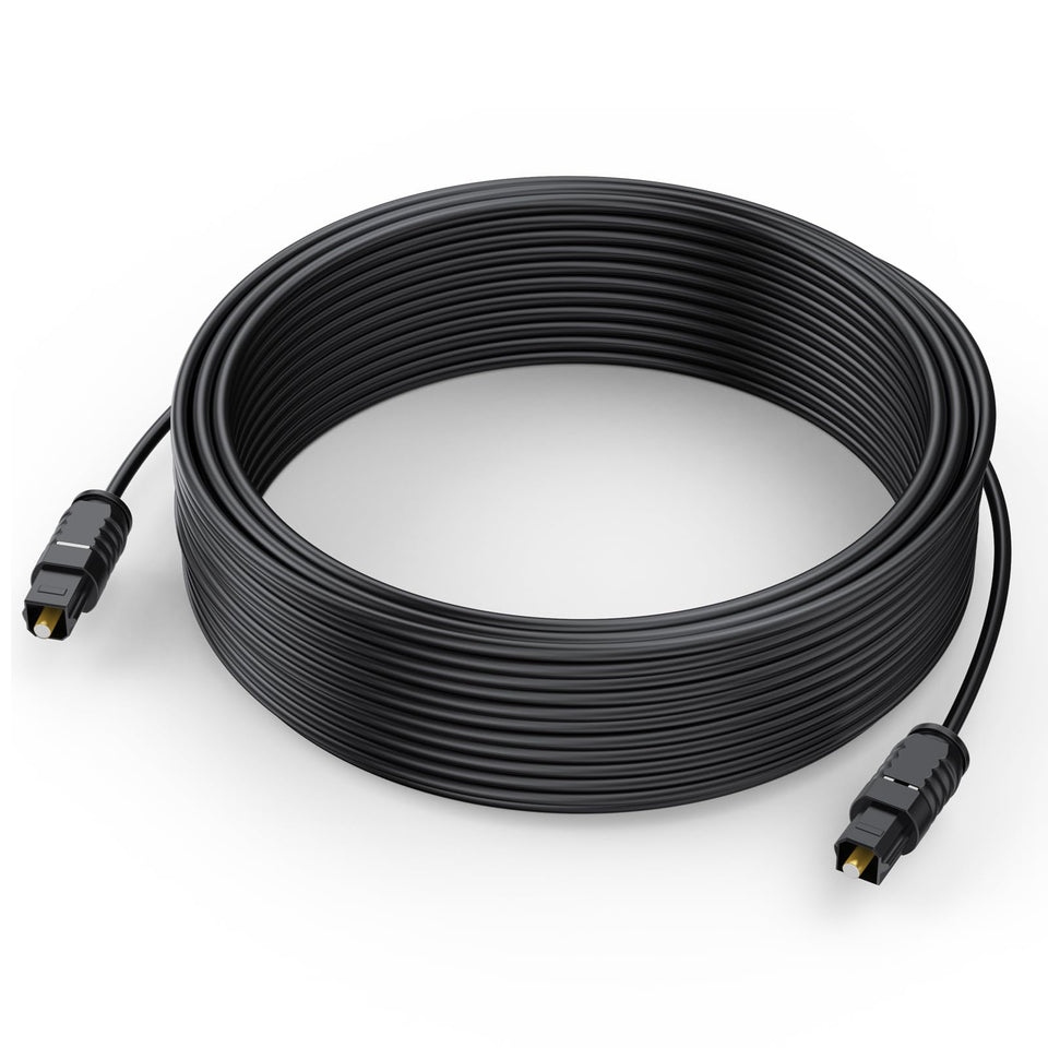 DteeDck optical audio cable 35ft with a slim profile for TV to soundbar connections.