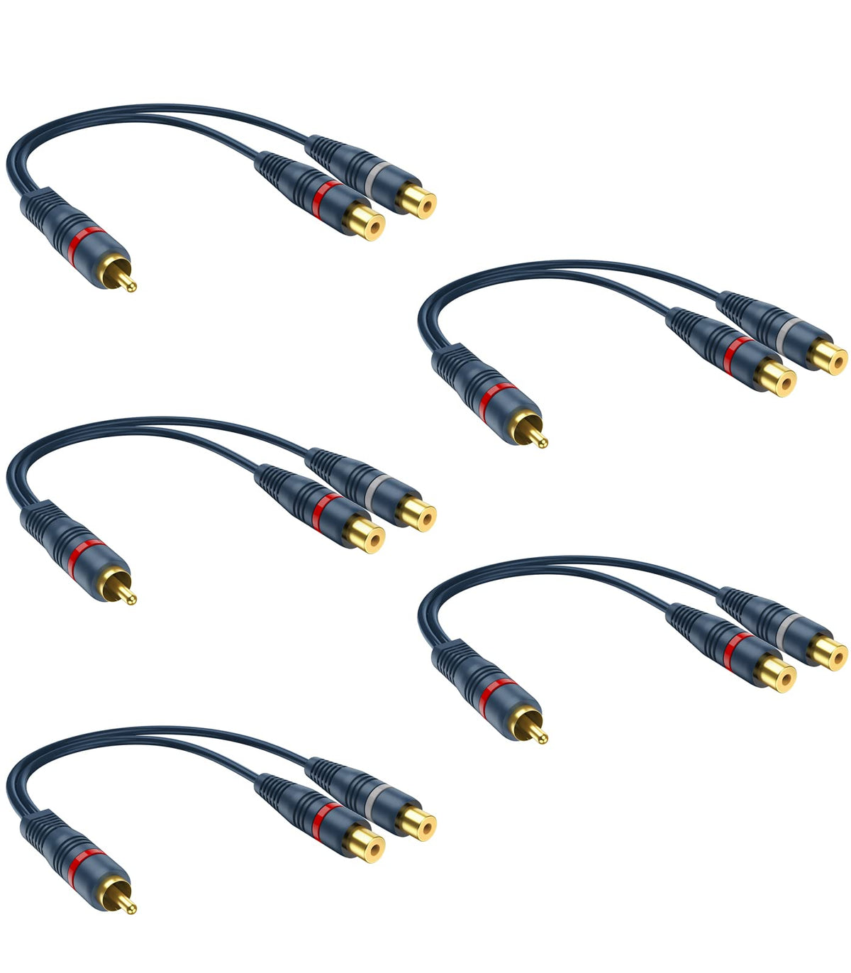 DteeDck RCA splitter in a 5-pack showing the 1M to 2F design for shared audio/video use