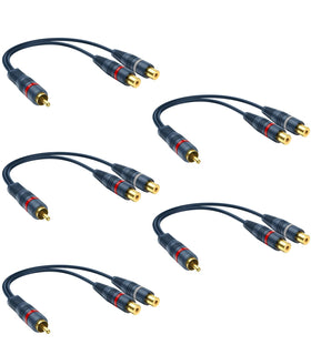 DteeDck RCA splitter in a 5-pack showing the 1M to 2F design for shared audio/video use