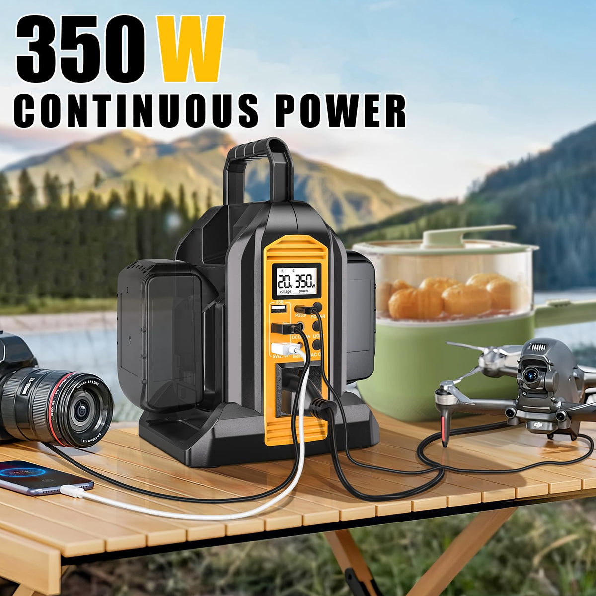 DTEZTECH 350W inverter LED work light illuminates campsite tasks