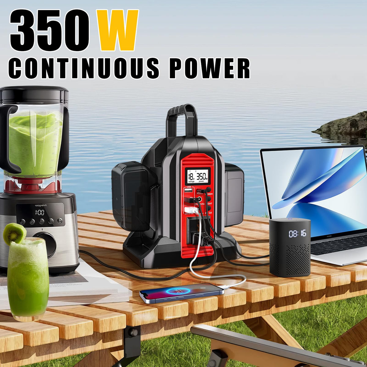 DTEZTECH Milwaukee 350W inverter powering a camping setup with fridge and fan