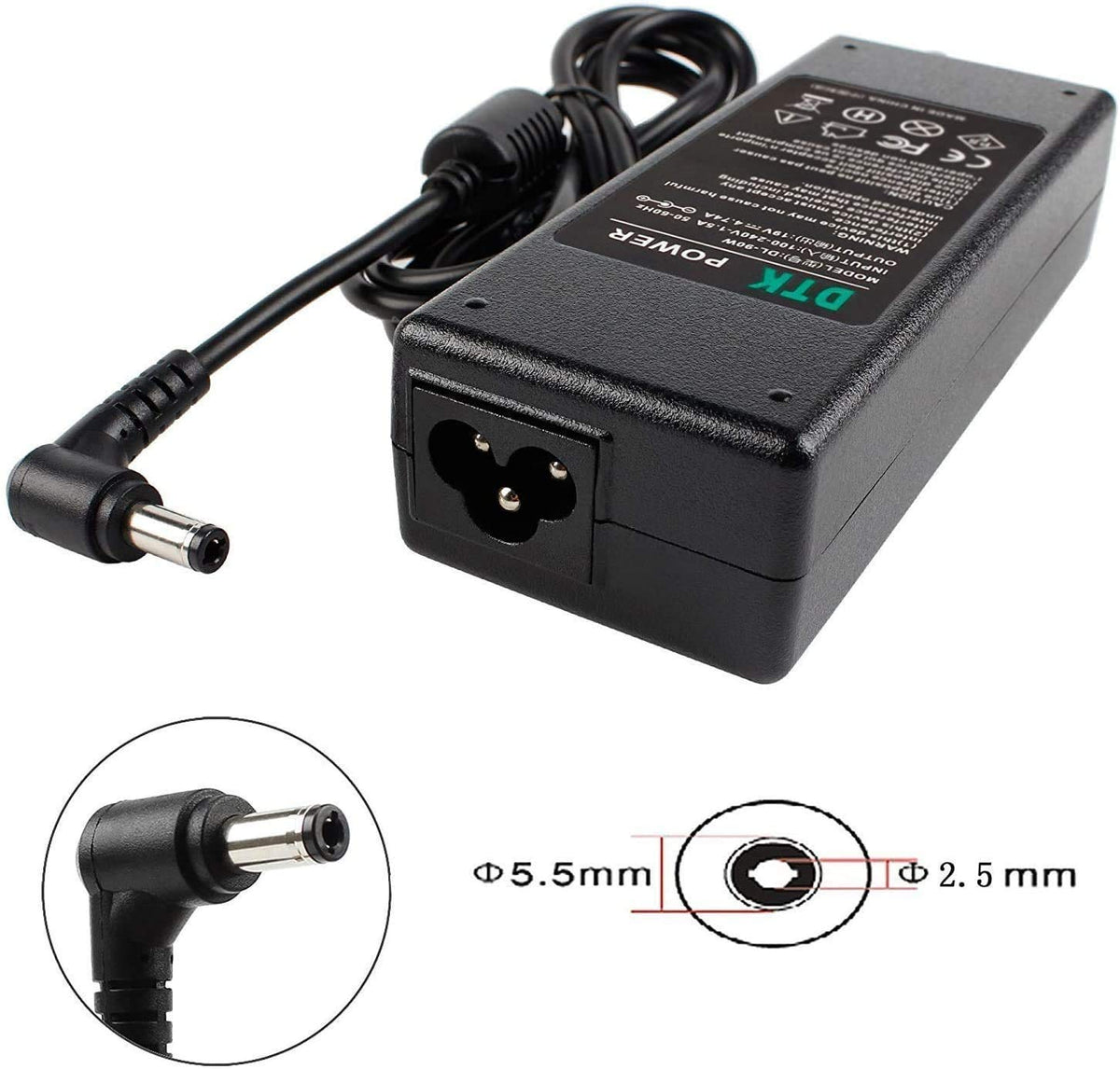 DTK 19V connector detail with precise 5.5x2.5mm tip.