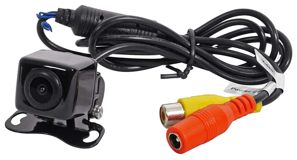Dual Electronics BUCAM200 backup camera front view shows discreet black housing and wide rear visibility.