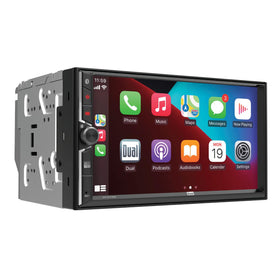 Dual Electronics DCA73W 7-inch display showing CarPlay interface for hands-free navigation.