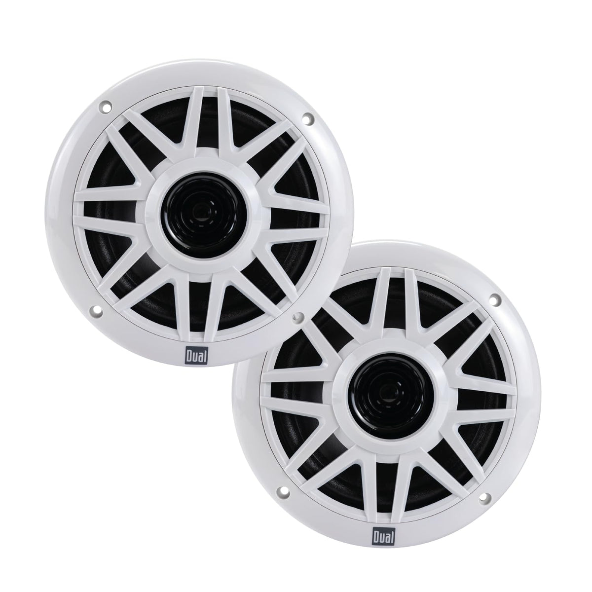 Dual Electronics DMP623 front view showing compact, high-performance marine speakers for clear deck audio.