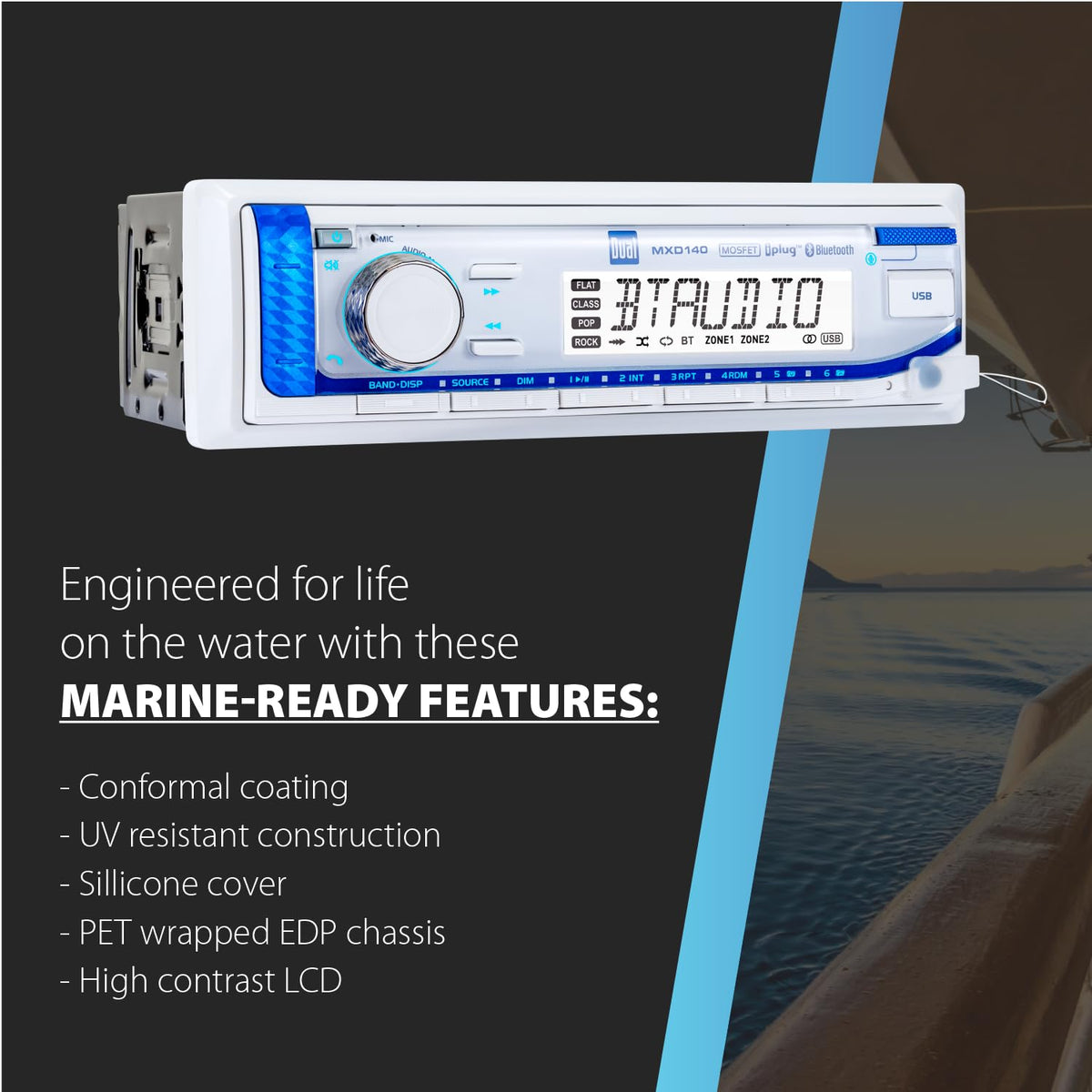 MXD140 sunlight-readable LCD displays eight characters clearly in direct sun.