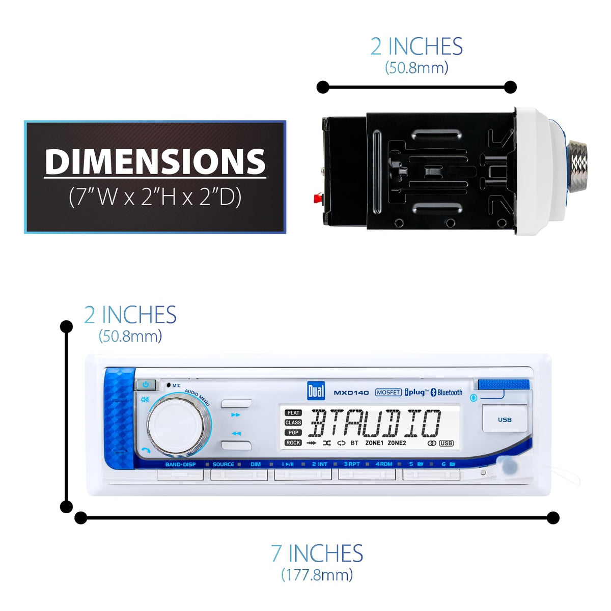 MXD140 USB port delivers 2.1 A charging to keep devices powered on board.