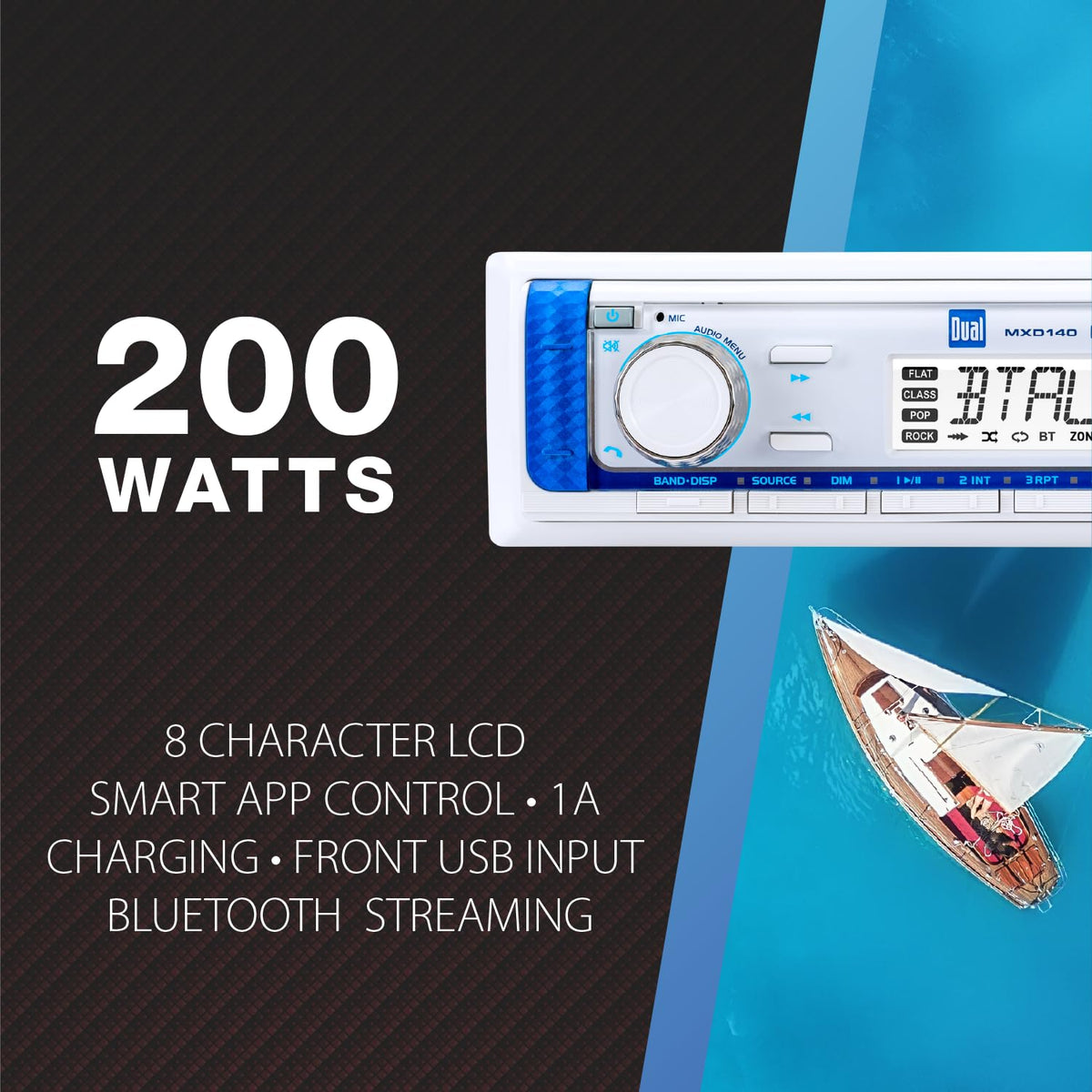 MXD140 weatherproof marine stereo resists saltwater exposure for reliable performance.