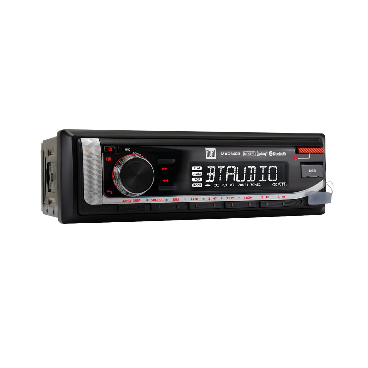 Dual Electronics MXD140B front panel display visible on bright sunlit dash