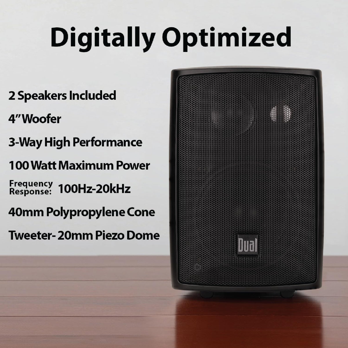 Dual Electronics LU43PB mounted on patio wall demonstrating weather resistance and coverage