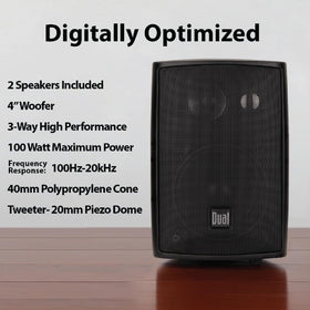 Dual Electronics LU43PB mounted on patio wall demonstrating weather resistance and coverage
