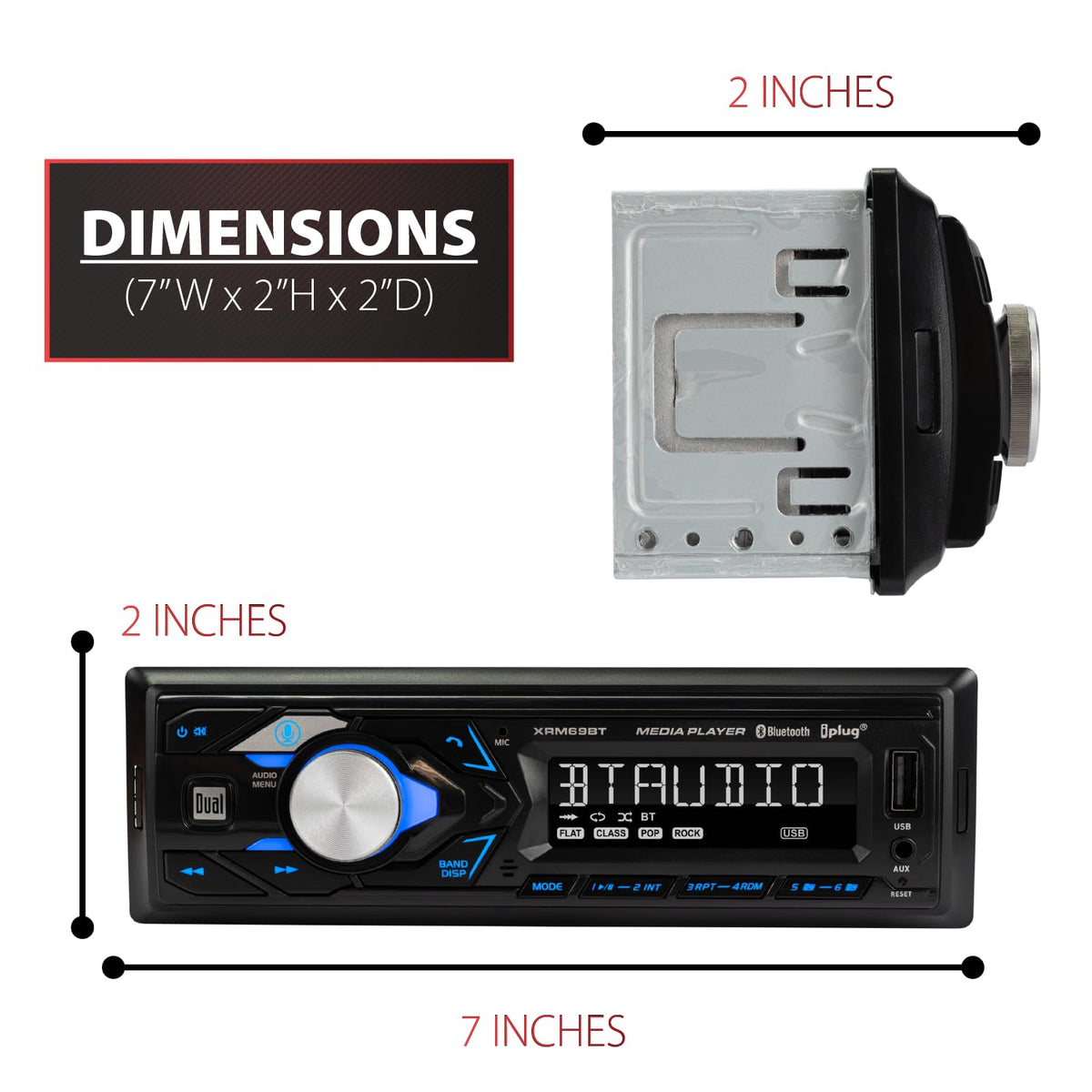 Dual Electronics XRM69BT USB port image demonstrating playback and device charging