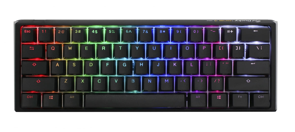 Ducky One 3 Mini 60% keyboard front-left view highlighting compact setup and RGB